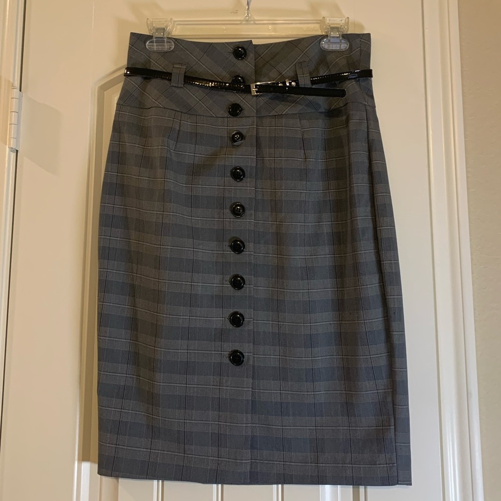 LIKE NEW Y2K Forever 21 Gray & White Plaid Pencil Skirt w/Belt Large Runs Small